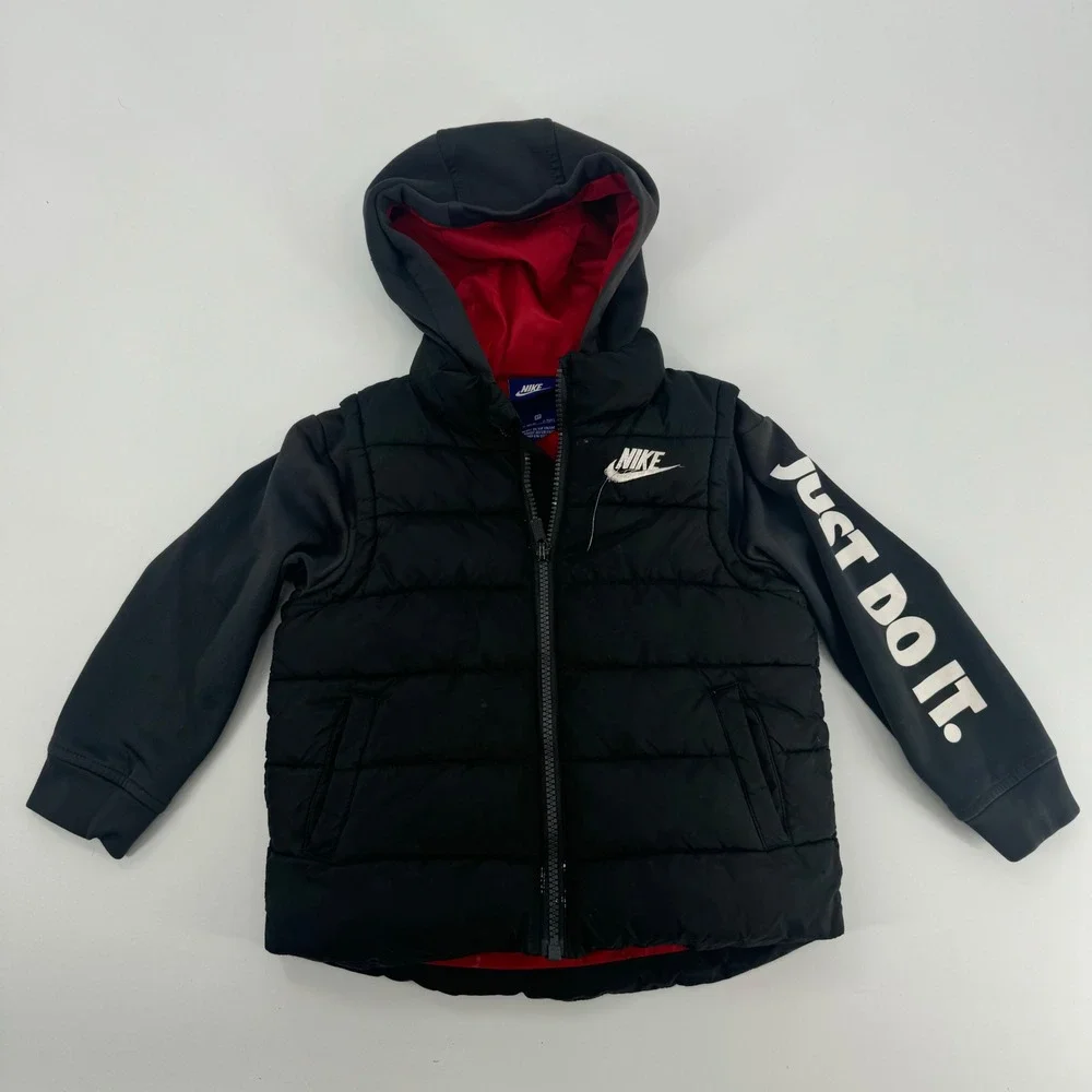 Nike 3T Kids Black Puffer Vest Hoodie Jacket Just Do It‎ Sleeves